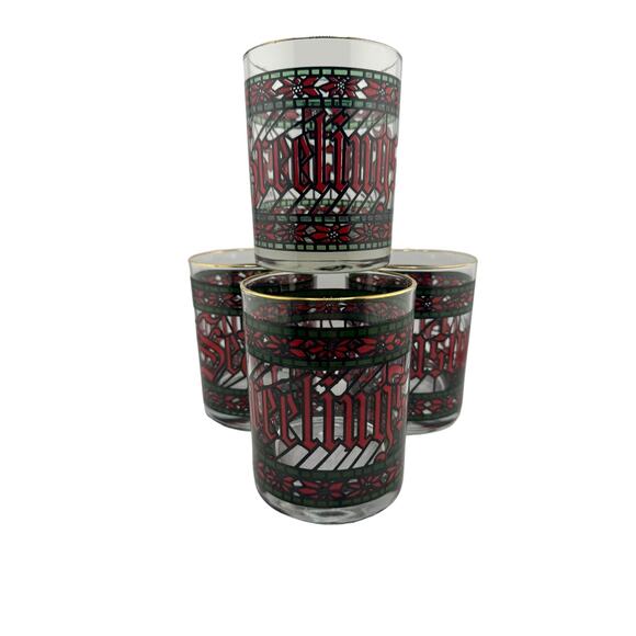 Houze Season's Greetings Whisky Glasses Red & Green Set of 4 - Picture 1 of 3
